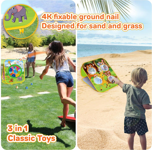 Animal Bean Bag Toss Game, Kids Outdoor Toys with Double-Sided Foldable Cornhole Board for Family Fun