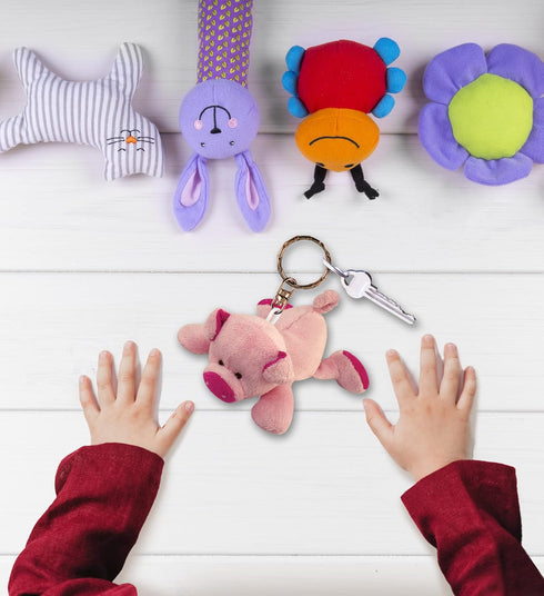 Puzzled Pig Plush Keychain, Soft Farm Life Animal, Pink Pig Charm Keyring, 4 Inches