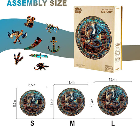 13.4 13.4in 300pcs Wooden Puzzles for Adults - The Dragon's Library Wooden Jigsaw Puzzle, Unique Animal Shaped Wood