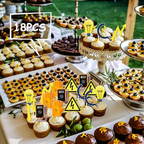 18pcs Gold Glitter Tools, Dessert Cupcake Topper Power Electrician Lineman Theme Decor for Birthday Party
