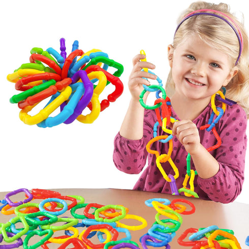 RAINBOW TOYFROG Baby Links Rings, 35 Geometric Linking Chains for Teething and Sensory Development, Infant Toys
