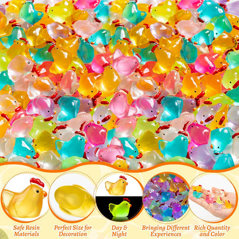 128PCS Luminous Mini Resin Chickens, Tiny Chickens Miniature Figurines Glow in The Dark for Home Decor