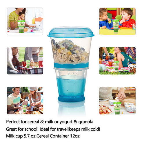 OVOY Cereal On the Go Cups Breakfast Drink Cups Portable Yogurt and Cereal To-Go Container Cup (Blue)