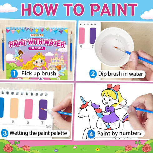 SOCOLER 1-3, 4-8(Princess Paint with Water Coloring Books for Toddlers,Mess Free Watercolor Painting Papers for Kids