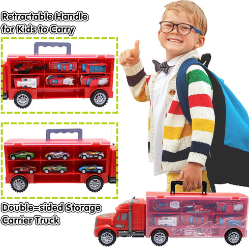 JODUDLR 3-4 Set 12-in-1 3-7,Red Toddler Toys for Year Old Boys,Large Transport Cars Carrier Truck Toys with Vehicles