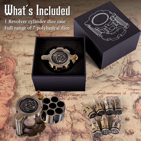 Metal Polyhedral Bullet Dice Set of 7 with Spinning Revolver Cylinder Container - DND Steampunk Style Dice