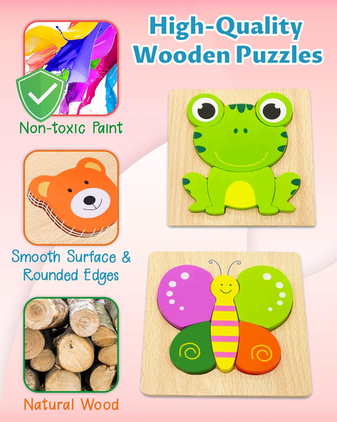 Bekayshad Wooden Puzzles - Toddler Toys for 1-3 Year Old Boys Girls, Animal Jigsaw Puzzles
