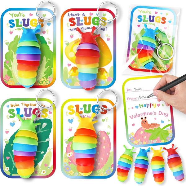AuroTops Valentines Day Cards for Kids,24 Pack Cute Keychains Bulk Sensory Slug