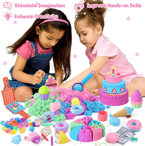 2lb Set 3 4 5 6 7 8 Golray Ice Cream Sensory Bin for Girls, Play Sand Art Kit with Sandbox, Magic Sand, Cake & Waffle