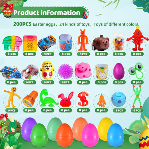 200 Pack Prefilled Easter Eggs with Mini Novelty Squishy Fidget Toys Inside Assorted Toys Great for Kids Girls Boys