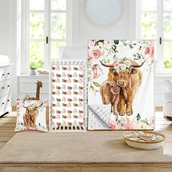 Baby Crib Bedding Set - Highland Cow Design Nursery Bed 3 Pcs