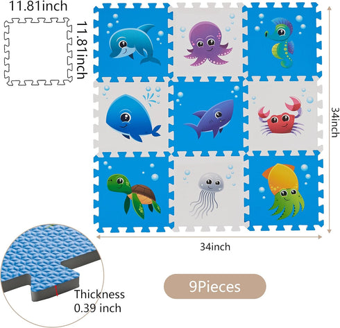 3434 Inches 9 Puzzle Play Mat, Foam Floor Tiles, Childrens Foam Puzzle Mat Baby Floor Play Mat Sea World Pieces, Edge