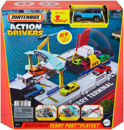 HMH29 Set 3 Matchbox Ferry Port with Detachable Wheeled Ferry, Elements to Activate Manually or with The Help of The