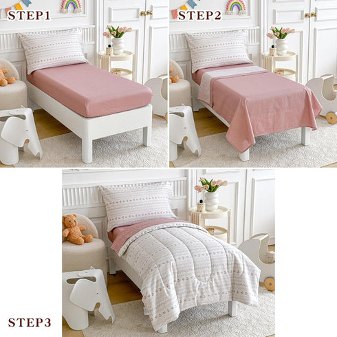 Joyreap 4 Set Set, Piece Cotton Toddler Bedding for Girls, Flower Stripes Boho Design, Soft Breathable Cotton Toddler