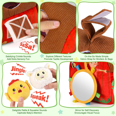 6-12 1-3 Baby Toys Months: Plush Surprise Barn with Stuffed Farm Animals, Rattle, Crinkle Paper, Mirror, Busy