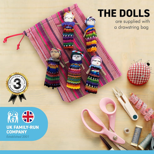 Thorness Set of 5 Guatemalan Handmade Worry Dolls with Colourful Storage Bag for Girls and Boys