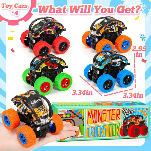 Monster Truck Toys for Boys, 4 Pack Push and Go Flip Stunt Pull Back Cars, Race Cars Party Favors, Birthday Gifts