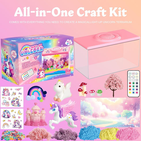 8-12, 6-8, 4-12 Unicorn Light-Up Terrarium Kit for Kids - Night Light with Remote & Music, Arts and Crafts for Kids