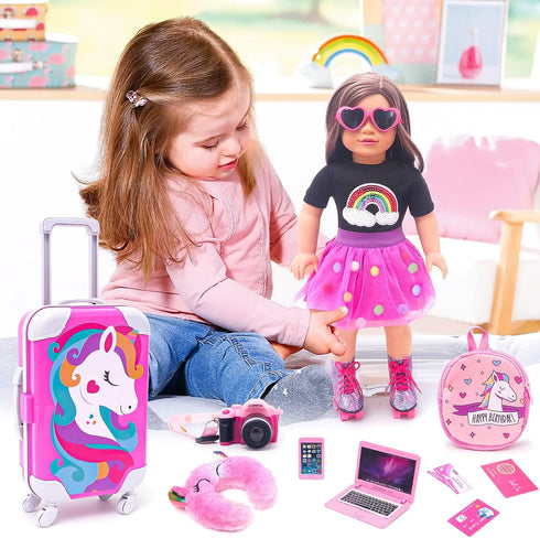 18 Inch Set Set HAPGFS American Doll Accessories Travel Including Suitcase Luggage and Dress, Camera Computer Phone