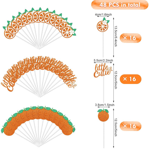 Zonon 48 Pieces Little Cutie Glitter Cupcake Toppers - Baby Shower Decorations - Tangerine Theme Citrus Cake Topper