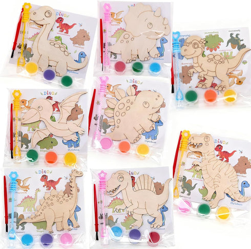 24 Pack 8 Bafeil Dinosaur Party Favors - Wooden Painting Crafts Kits with Bubble Wands, Birthday Goodie Bag Stuffers