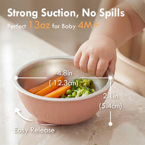 Seamless 4 13oz, 4 Pack Moonkie Baby Bowls with Suction, Stainless Steel & Silicone Toddler Bowls with Lids, One-Piece