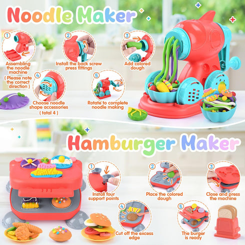 WeeHomm 4 1 Set 3+ 24 in Color Dough Kitchen Creations with Ice Cream/Cake/Noodle/Hamburger Maker Machine, Arts Crafts