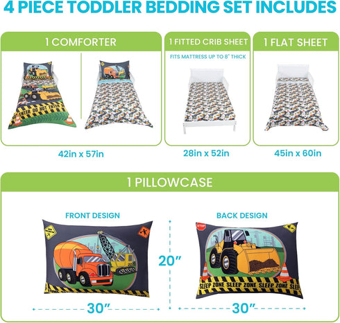 Set 4-Piece Sets Todays Kids Under Construction Toddler Bedding for Boys - Toddler Bed Comforter for Boys, Reversible