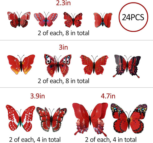24PCS Butterfly Wall Decals, Removable 3D Butterflies Decor for Kids Room Bedroom Decoration