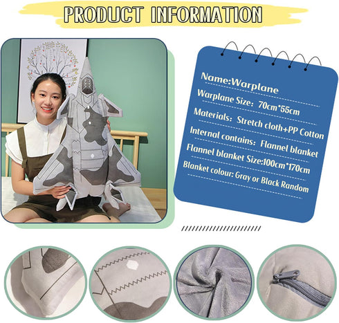 29 Inch Airplane Model Plush with Blanket, Warplane Stuffed Animal Toy for Decoration