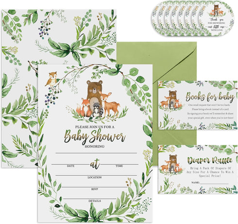 skuhyyg 25 Woodland Baby Shower Invitations with EnvelopesWoodland Diaper Raffle Tickets & Book