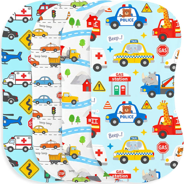 JoyframeAI 4 Pack Blue Burp Cloths Baby for Boys Girls,Soft Cotton,Traffic Car Theme