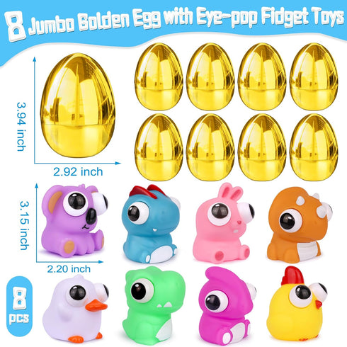 8 Pack Jumbo Surprise Golden Easter Egg Filled with Eye-pop Fidget Toys, Large Easter Eggs with Toys Inside Easter