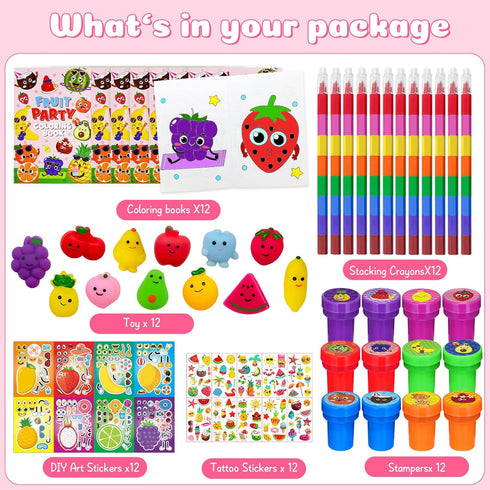 72 Summer Set Cinrobiye Pcs Fruit Coloring Book Bulk with Stacking Pencils, Tutti Frutti Party Favors, Tropical Hawaii