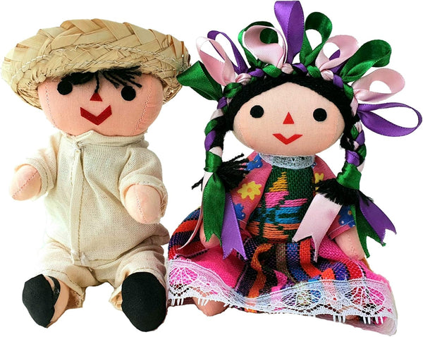 ALKIMIA INC Mexican Handmade Traditional Rag Couple Dolls, 7 inches - Pink & White