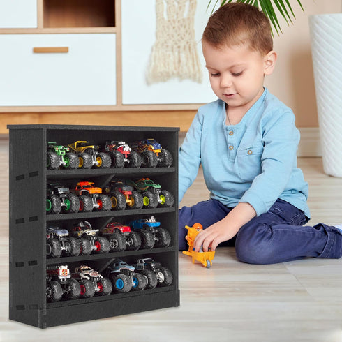 16 Felt Monster Trucks Display Case, Wall-Mounted Slot Storage Case, Groove Fixation Container Holder (Black - New