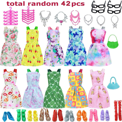 BJDBUS 42 pcs Doll Clothes and Accessories, 10 pcs Fashion Mini Dresses and 32 pcs Shoes, Glasses, Handbag for 11.5