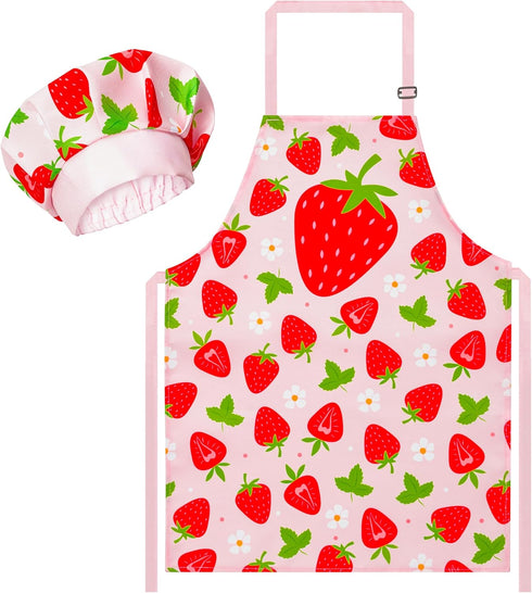 R HORSE Kid Apron and Chef Hat Set - 2Pcs Strawberry Adjustable