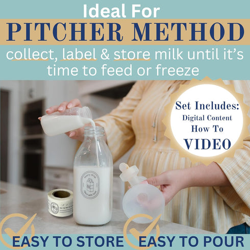 Set 2 Labels-32oz Breast Milk Pitcher with Lid- of & Airtight Leakproof Breastmilk Storage Containers for Fridge- Easy