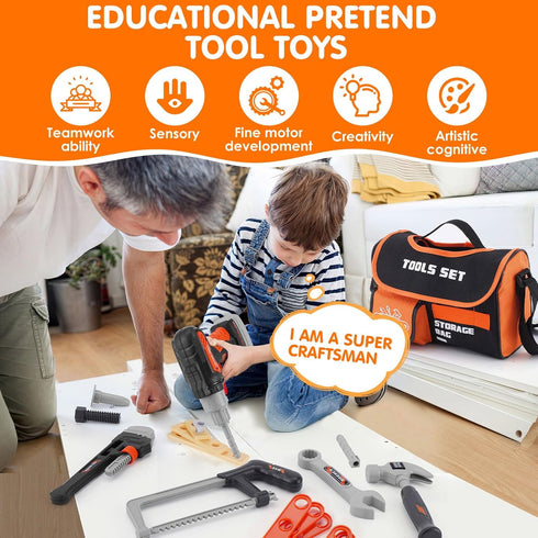Set- 48PCS Set 3+ Kids Tool Toddler Tool Toys with Electronic Toy Drill, Tool Bag&Tool Belt&Tape Measure, Pretend Play