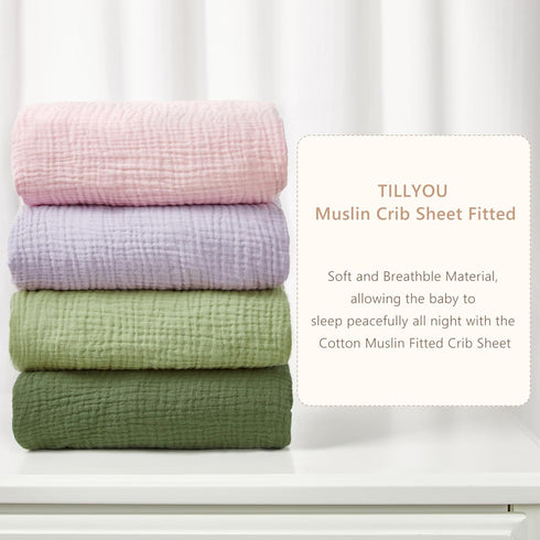 2 Pack 100% 52"x28", TILLYOU Muslin Crib Sheet for Boys and Girls - Cotton Fitted Crib Sheet for Toddler Standard Crib
