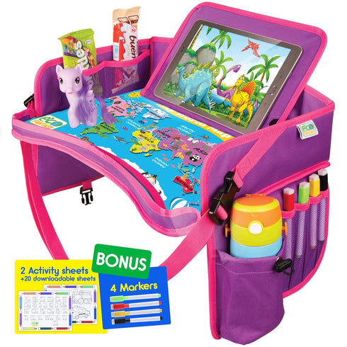 Kids Travel Tray, Waterproof Car Tray for Kids, Lap Desk with Storage for Toddler Travel