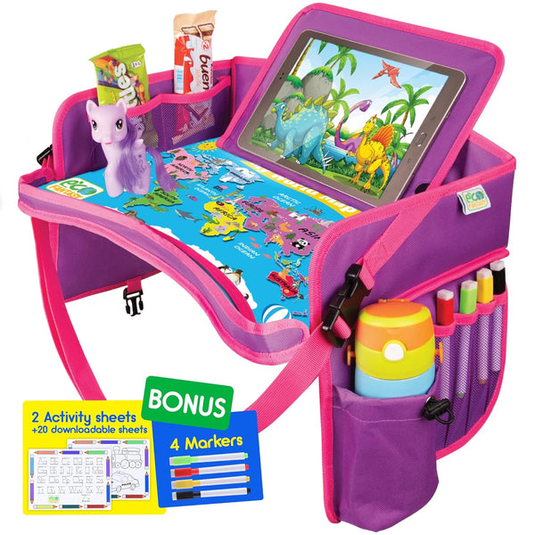 Kids Travel Tray, Waterproof Car Tray for Kids, Lap Desk with Storage for Toddler Travel