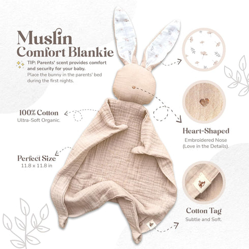 Mikito Set Organic Cotton Newborn Gift Box, Unisex Baby Gift incl. Muslin Lovey Comforter + Bandana Bib + Wooden