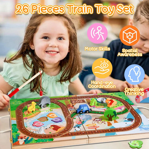 Wooden Take Along Train Set with Magnetic Fishing Game, 25 Pcs Animal Stacking Toy for Toddlers 1-3