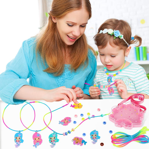 FLYINGSEEDS Mermaid Necklace Making Kit for Little Girls, Beaded Arts and Crafts with Shoulder Box
