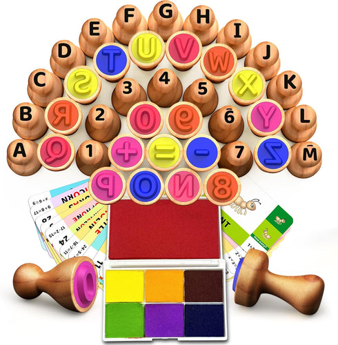UdoUto Wooden Alphabet & Number Stampers Set with 7-Color Ink Pad |