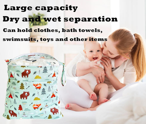2PCS 14x12In 12x11In Wet Dry Bag for Cloth Diapers, Waterproof Reusable Wet Bag with Zippered Pockets, Washable