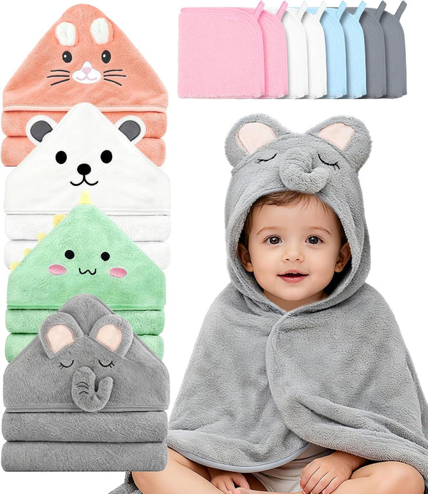 Spearlcable 12 PCS Baby Bath Towels Set - 4 Pack Animal Hooded Baby