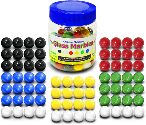 Chinese Checkers Glass Marbles Set of 72, 12 Each Color, Size 9/16” (14mm) with Practical Container